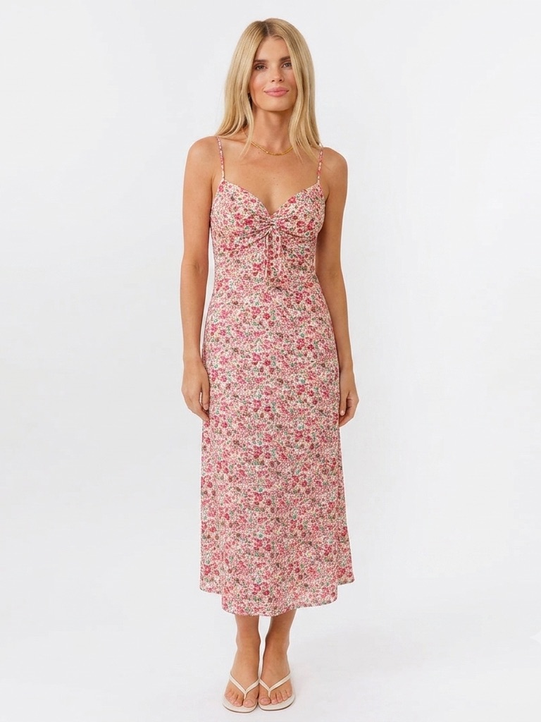 Kittenish Sweetheart Slip Cinched Midi Slide Slit Dress Ditsy Floral Size Xs